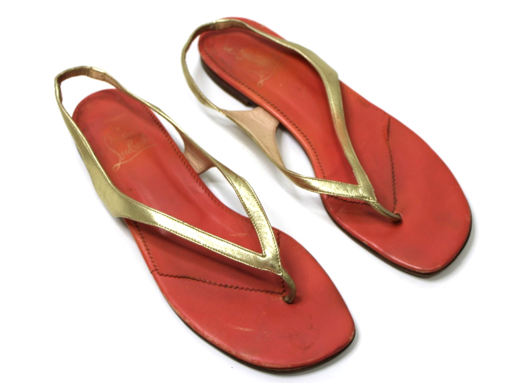 Vintage Christian Louboutin Gold Leather Thong Slingback Flat Sandals 40